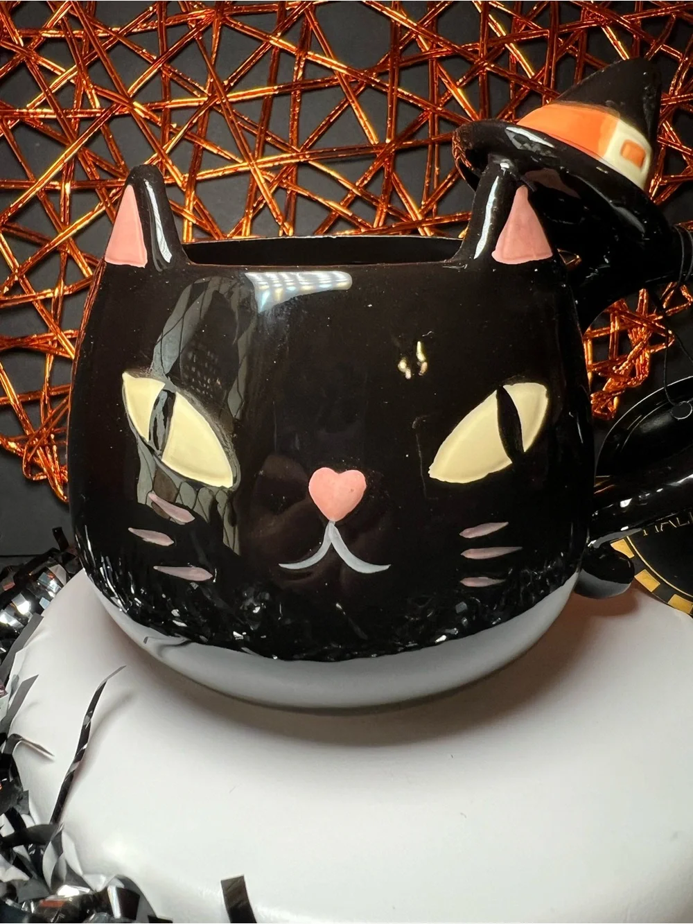 Halloween Black Cat Shaped Ceramic Mug with Witch Hat Handle Kitty Kitten